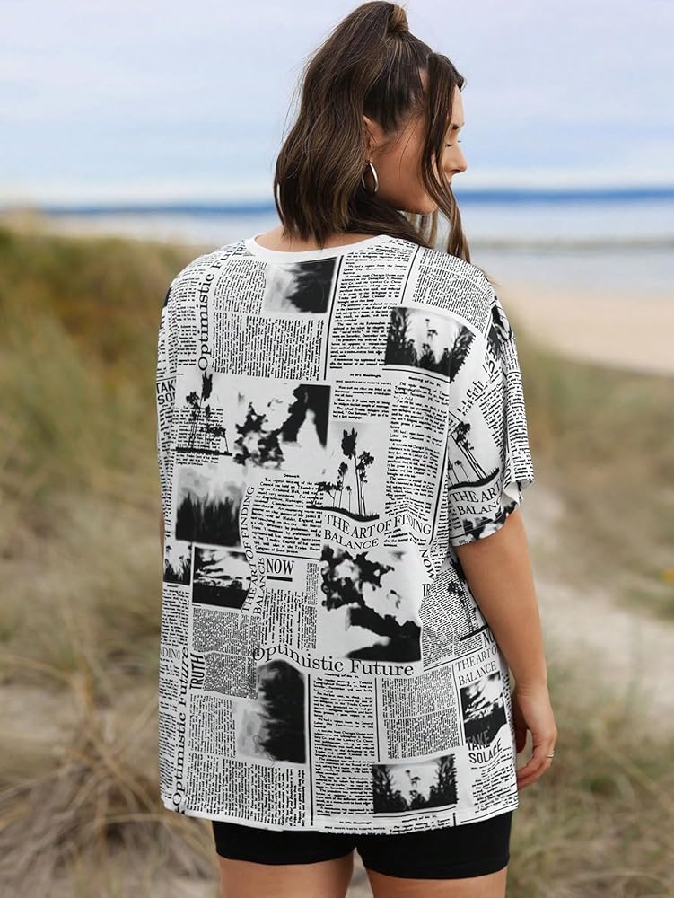 トップス UND SPACE NEWSPAPER PRINT TOP WDIRARA Women's Newspaper Print Sheer Mesh Crop Tops Drop
